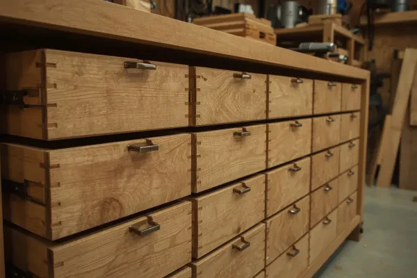 Sliding dovetail drawer bank, CNC + hand-fit